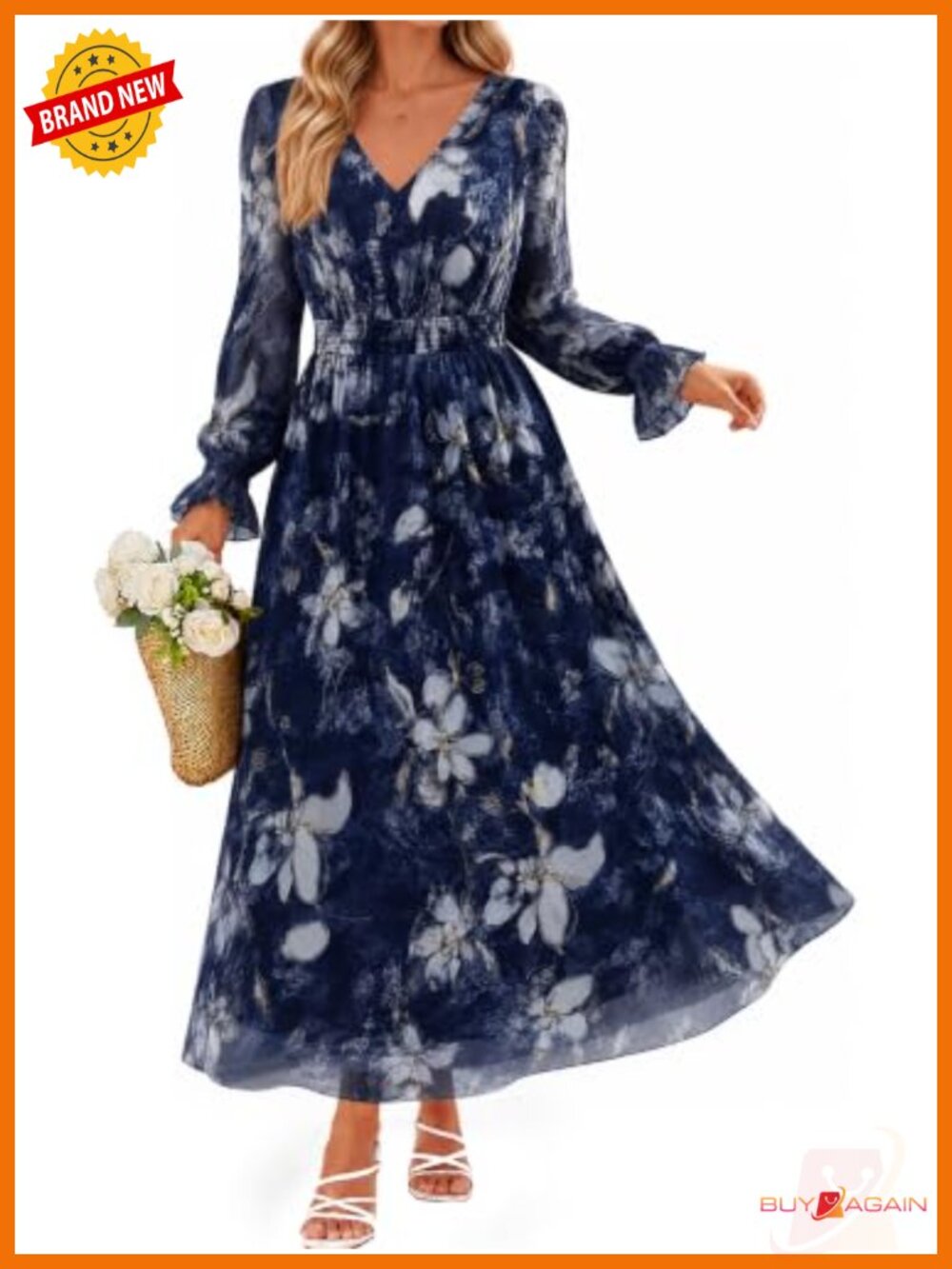 Women's Floral Long Sleeve Boho Maxi Dress V-Neck Ruffle Wedding Guest